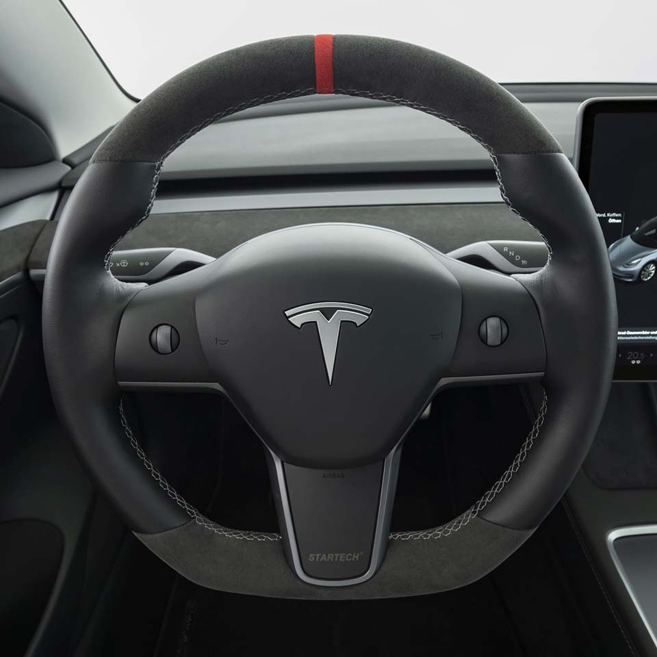 Tesla Lenkrad Model 3 Abgeflacht NEU Kombibezug Alcantara 12 Uhr Markierung  rot naht schwarz